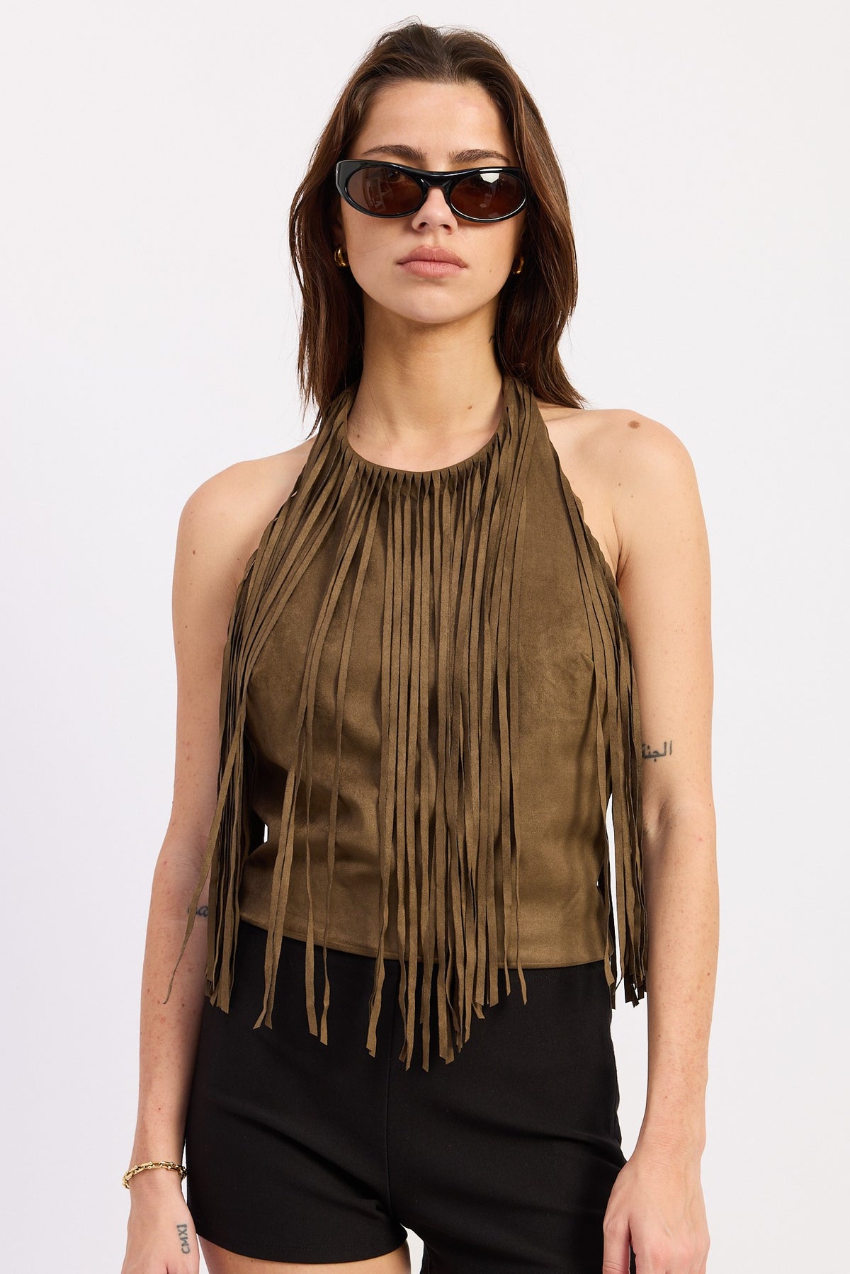 Dark olive faux suede fringe halter top, cropped with an open back