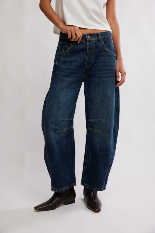 Good Luck Mid Rise Barrel Jeans- Deep End