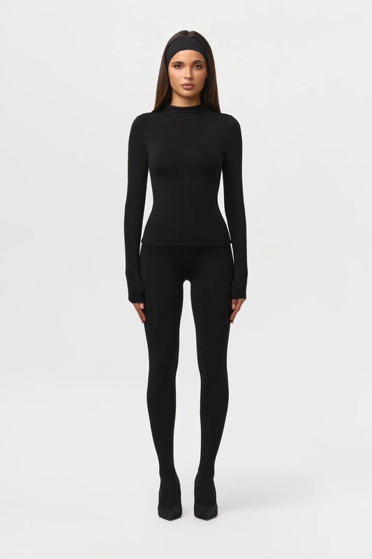 Black mock neck long sleeve fitted top