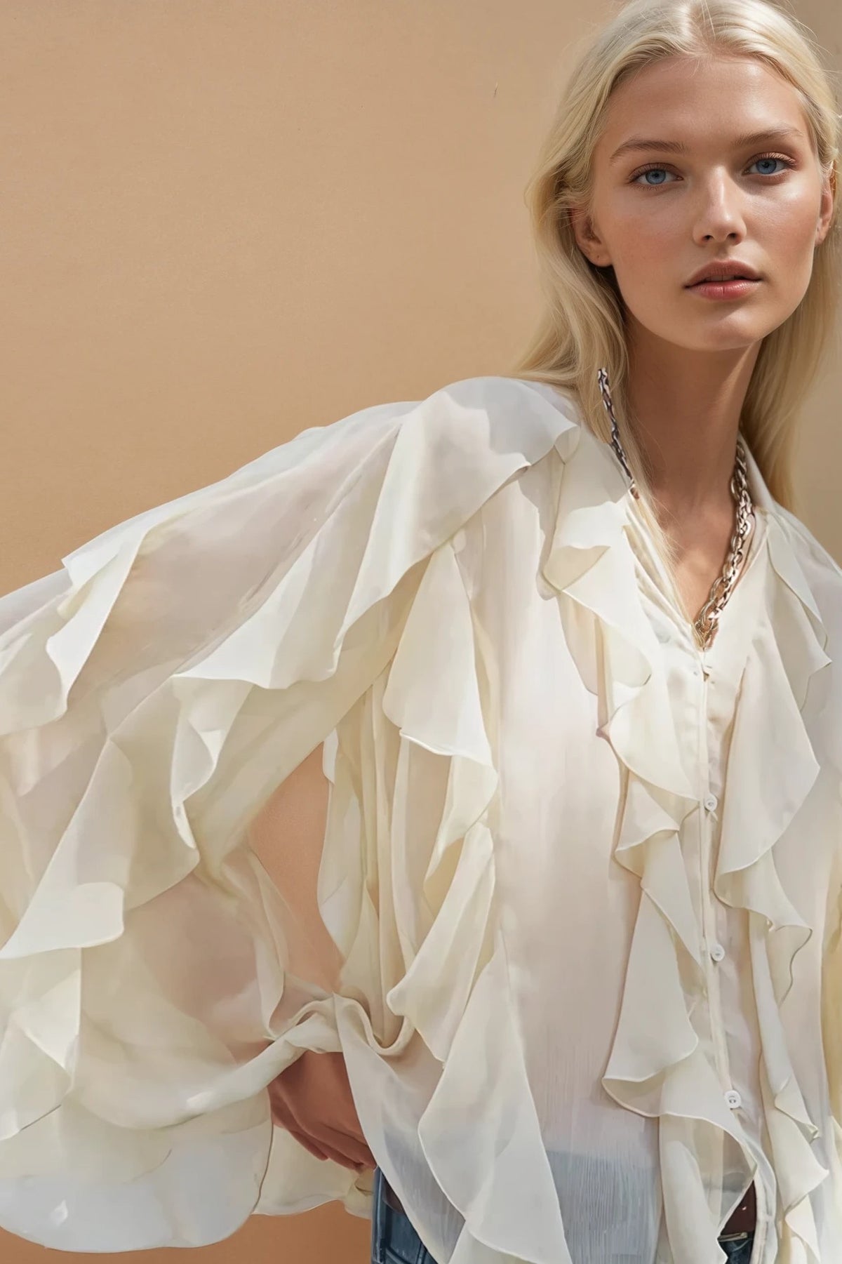 Close up of the crinkle chiffon ruffle detail across the shoulder and sleeve
