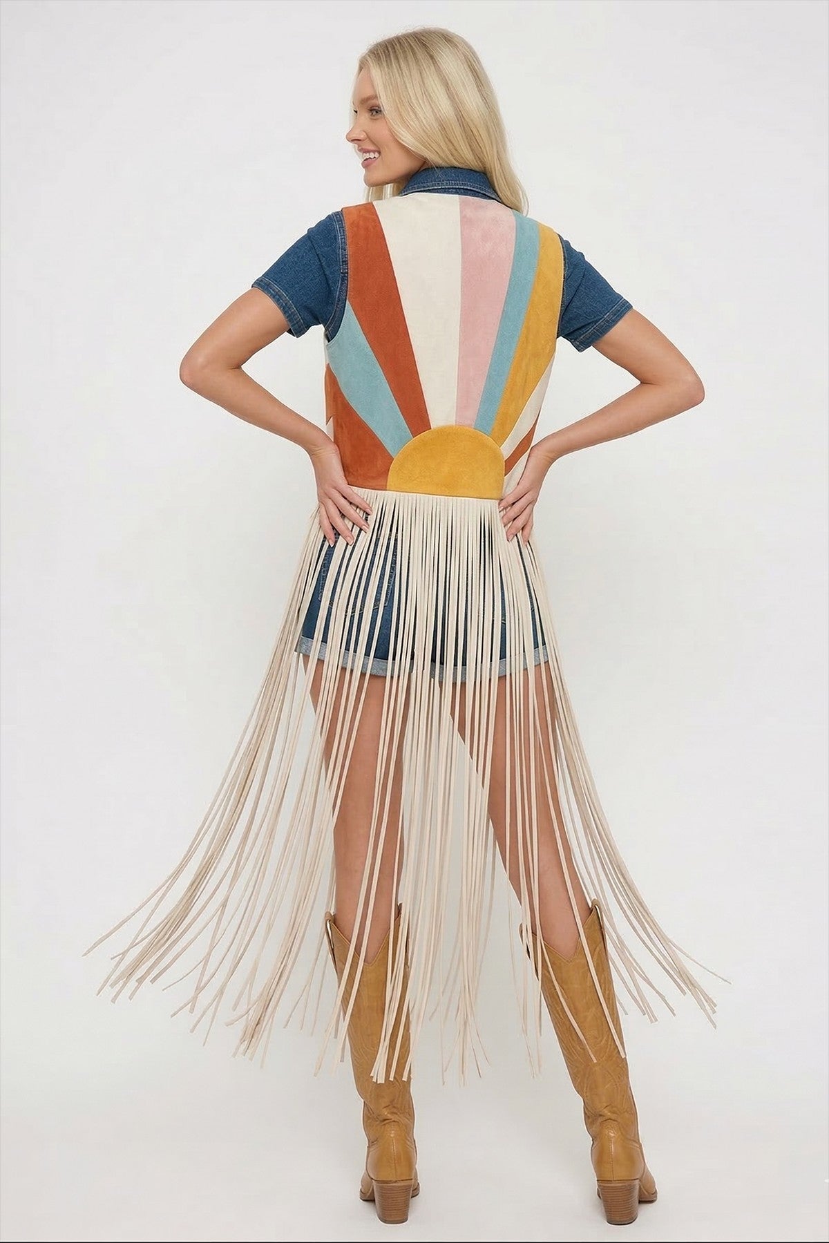 Back of the vest showing the half sun at the waist and colored rays across the shoulders