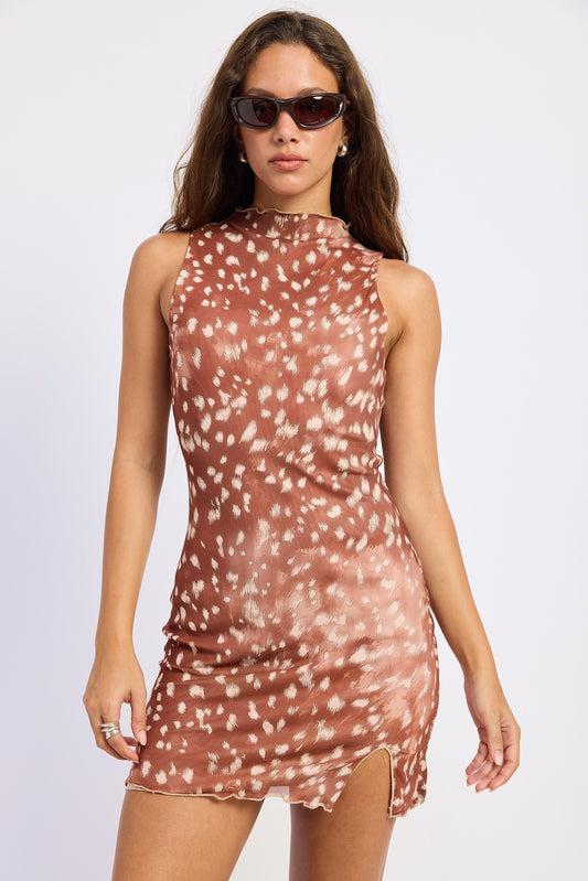 Fawn spot print sheer mesh mini dress in brown with a mock neckline