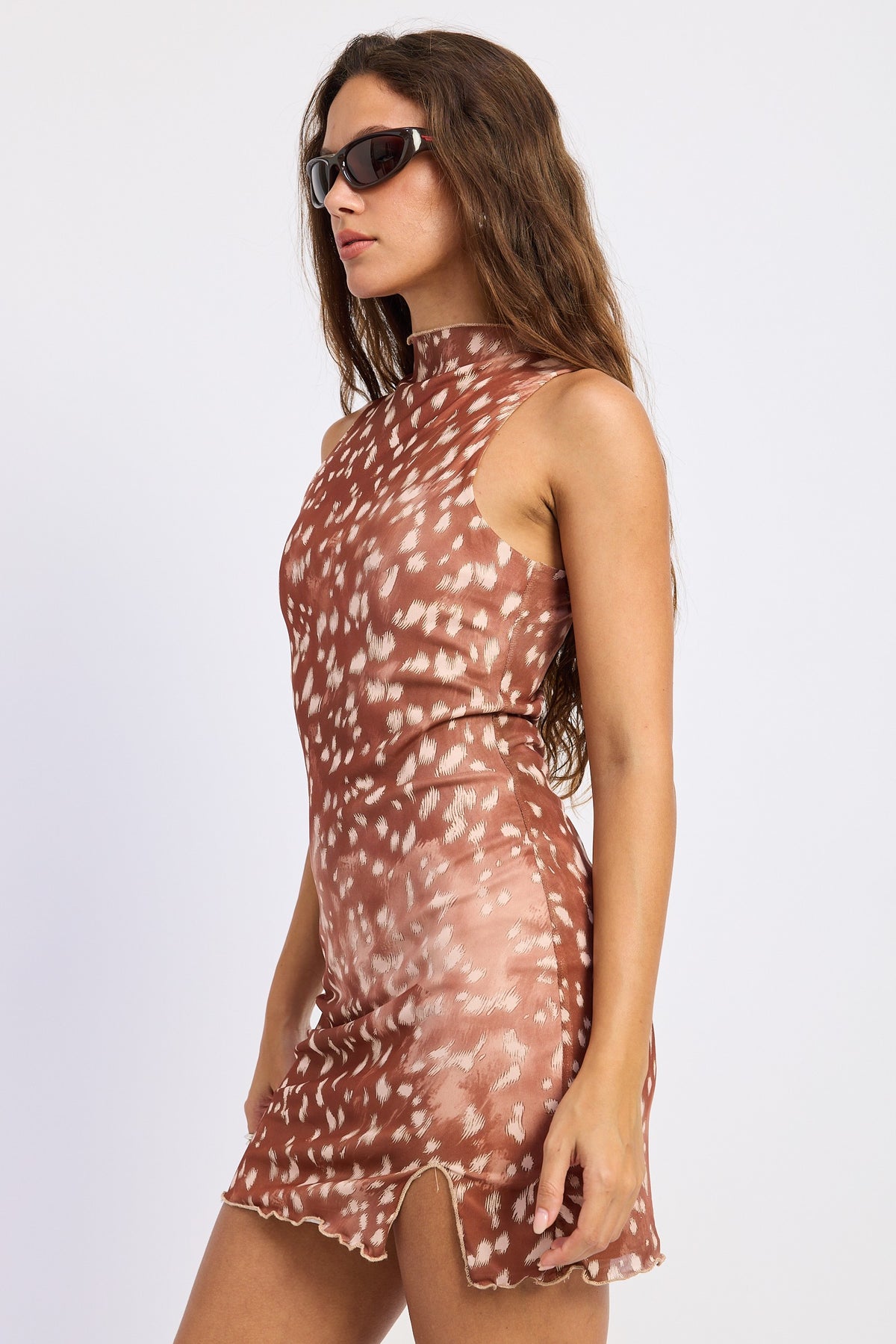 Fawn spot print sheer mesh mini dress in brown with a mock neckline