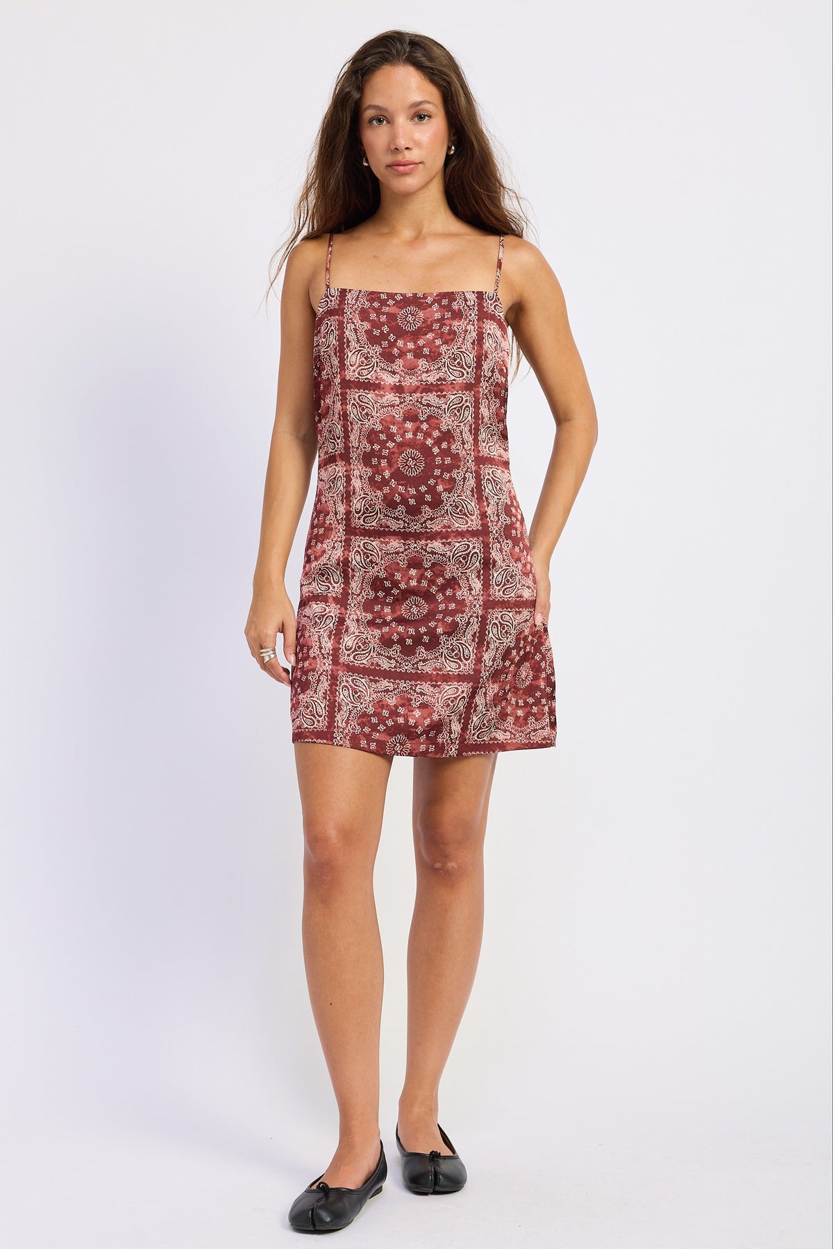 Burgundy bandana print satin mini dress with a square neckline and thin straps