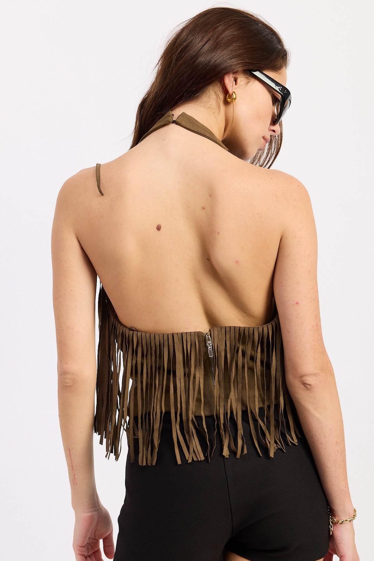 Dark olive faux suede fringe halter top, cropped with an open back