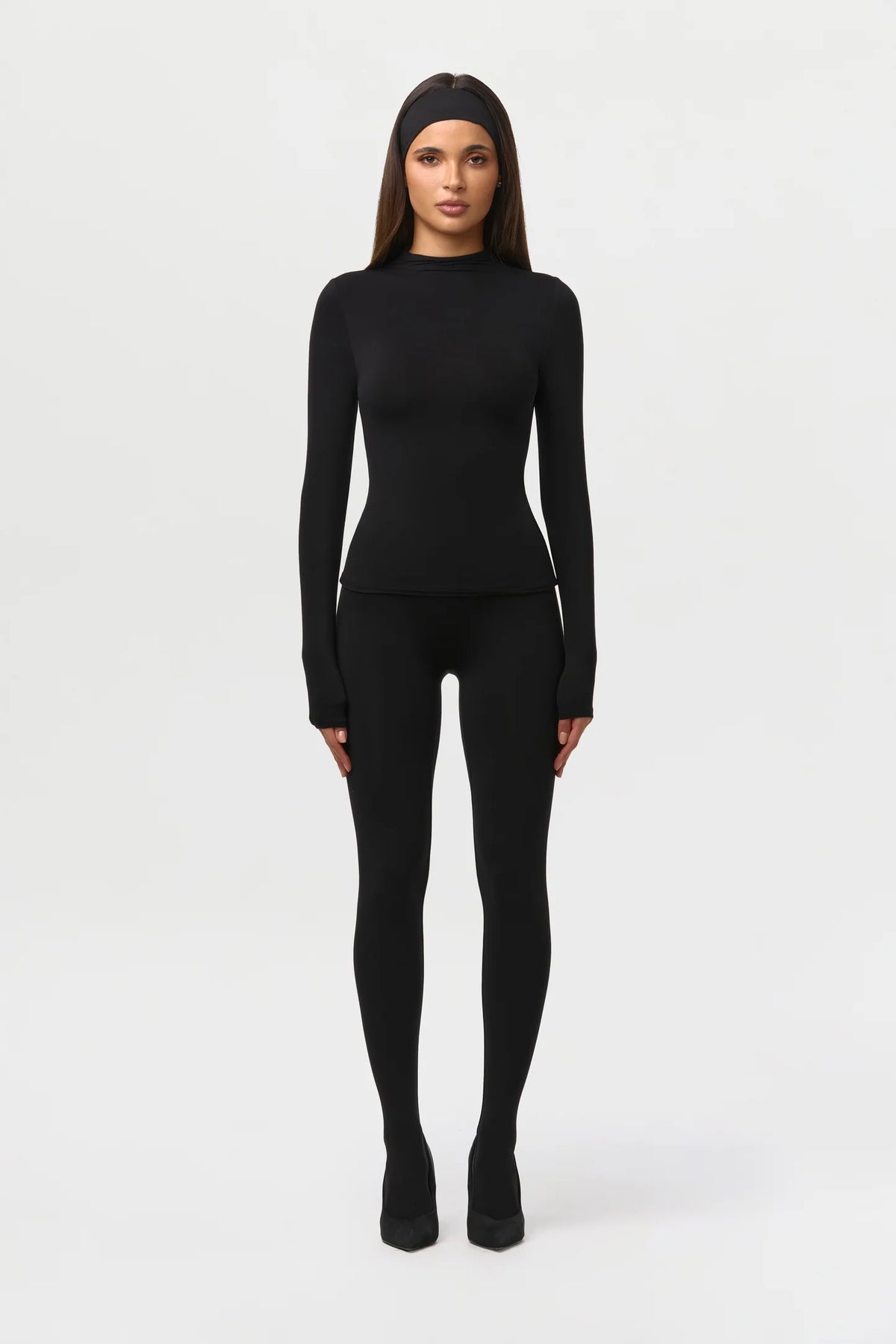 Black mock neck long sleeve fitted top