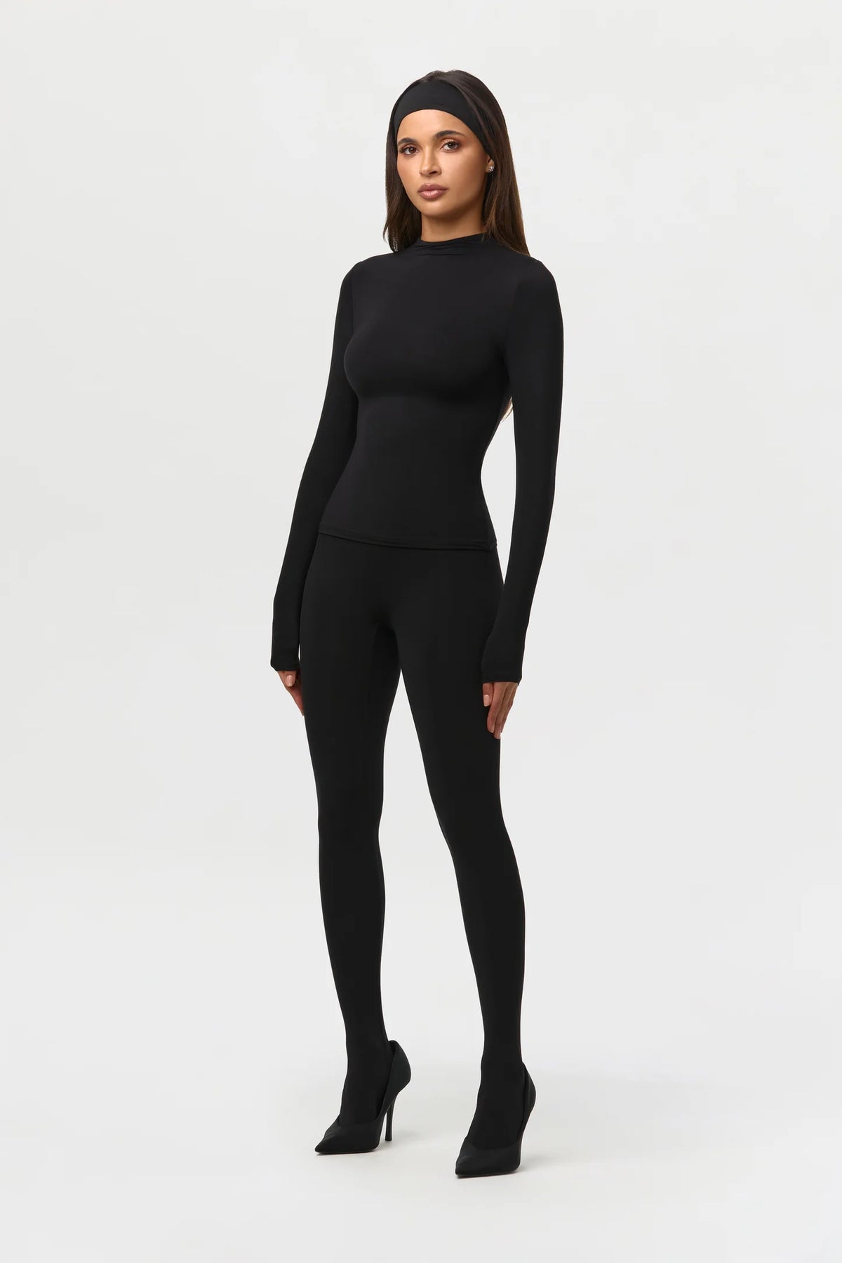 Black mock neck long sleeve fitted top