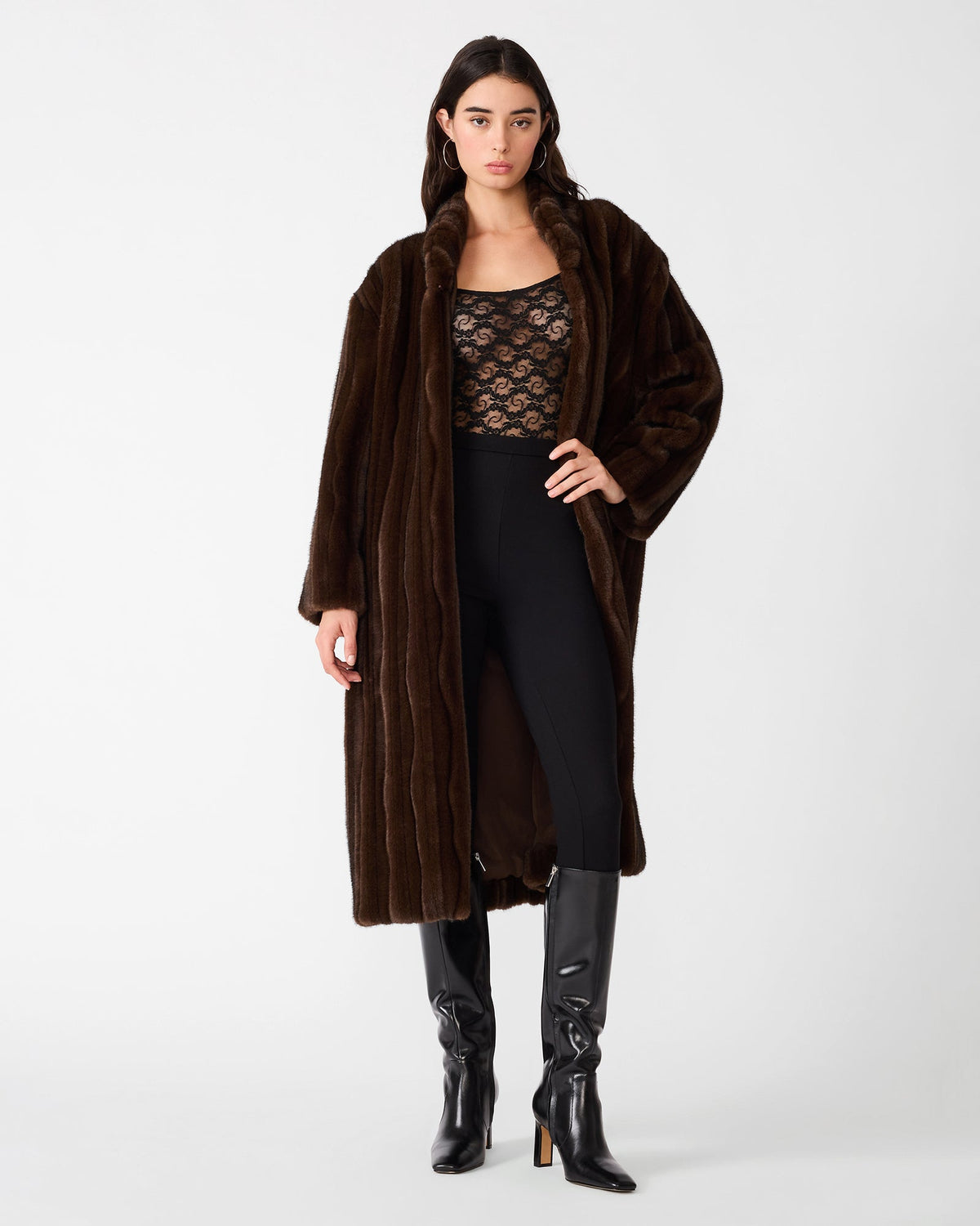 Peclair Coat in wolf brown faux fur, front view