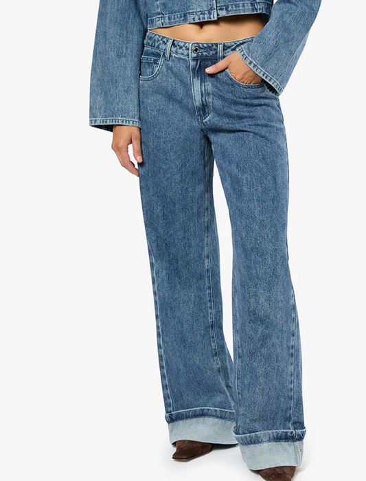 Mid Rise Cuff Straight Leg Jean